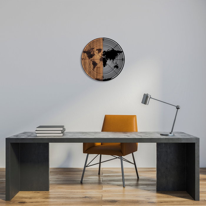 Wallity Accesorio Decorativo de Pared World Map 321, Madera y Metal, Negro y Nogal, 56 cm Diámetro